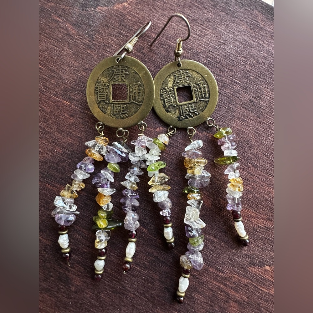 Handmade Multicolor Gemstone & Pearls Dangling Earrings with Brass Coin
